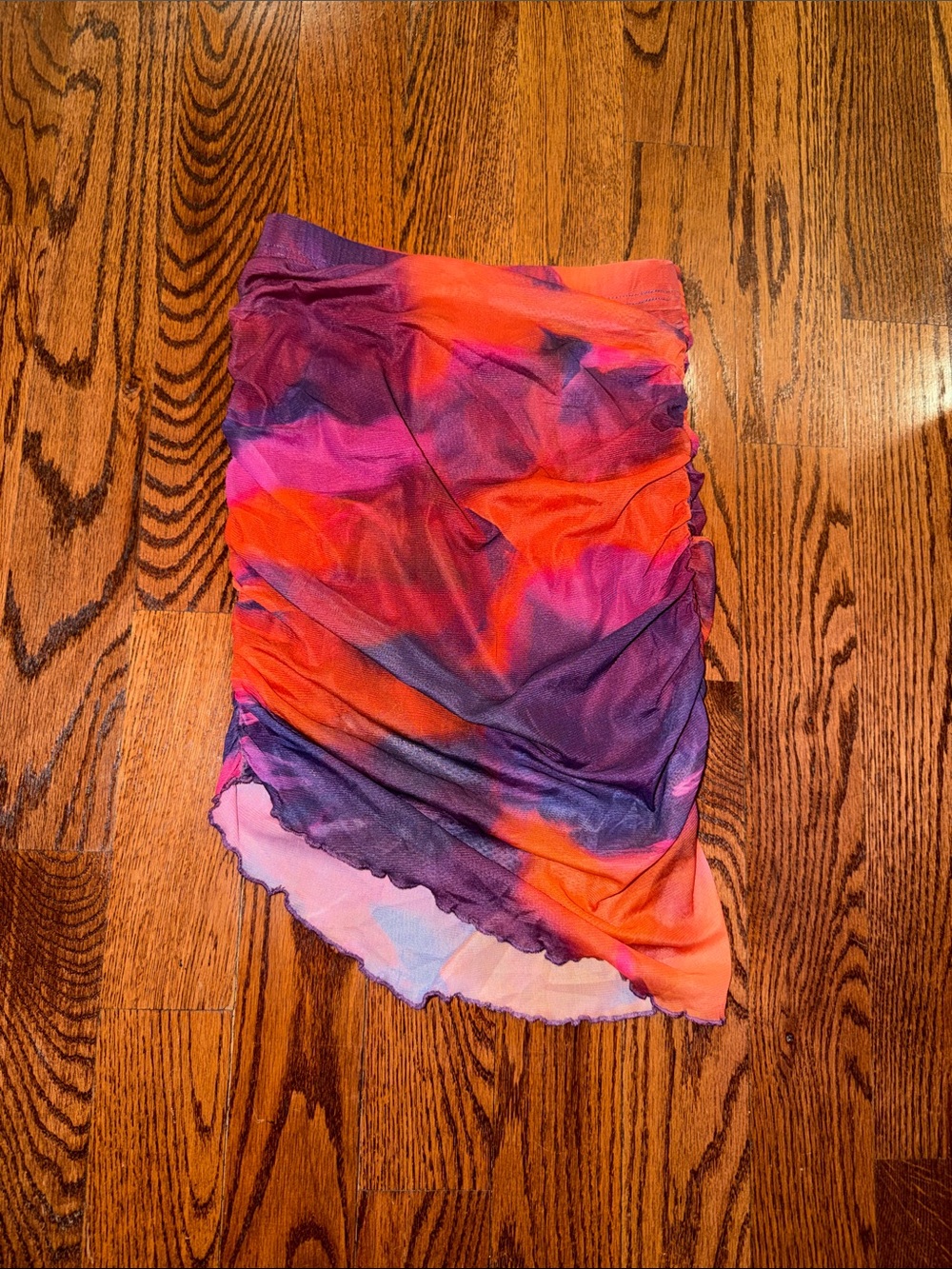 Vibrant Tie-Dye Ruched Asymmetrical Mini Skirt - Pink, Orange & Purple